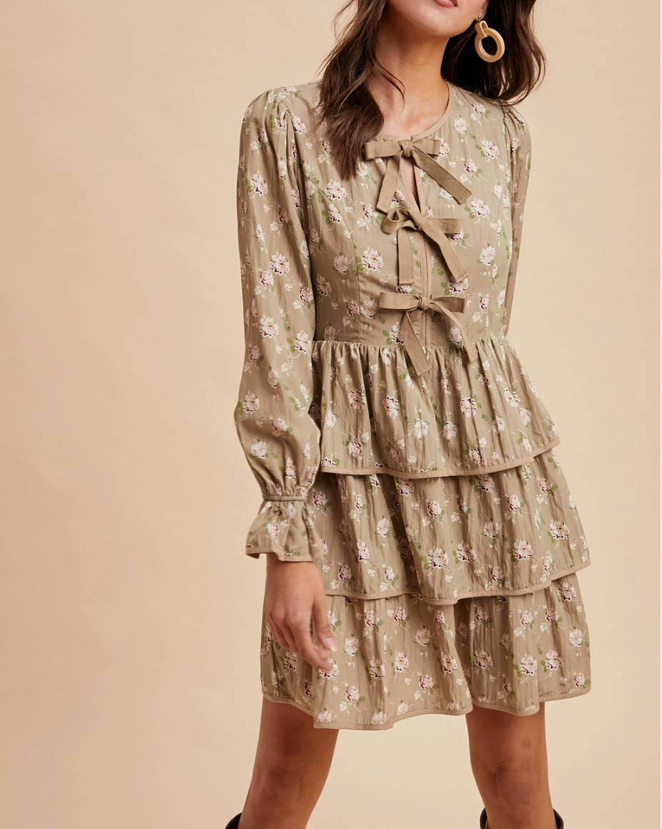 Floral Bow Tie Tiered Mini Dress