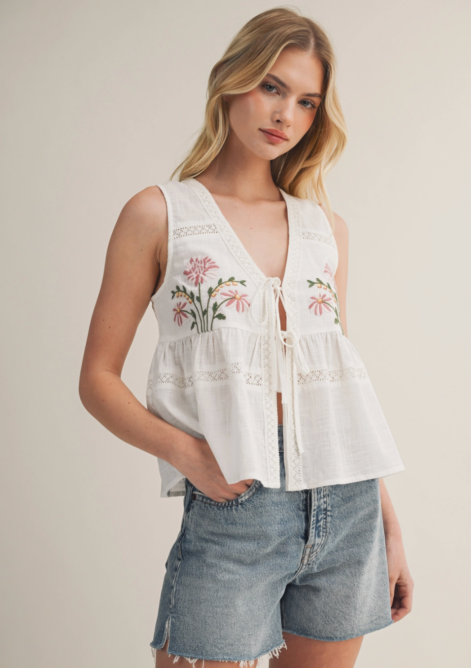 Embroidered Floral Tie-Front Peplum Vest