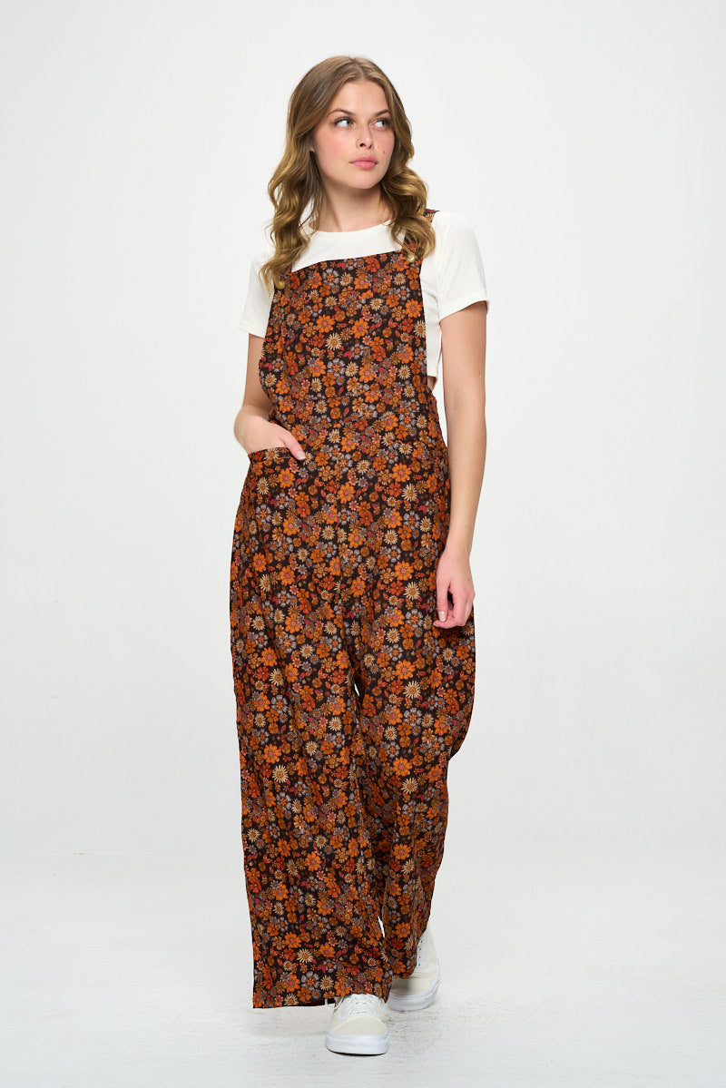 Floral Print Corduroy Overall