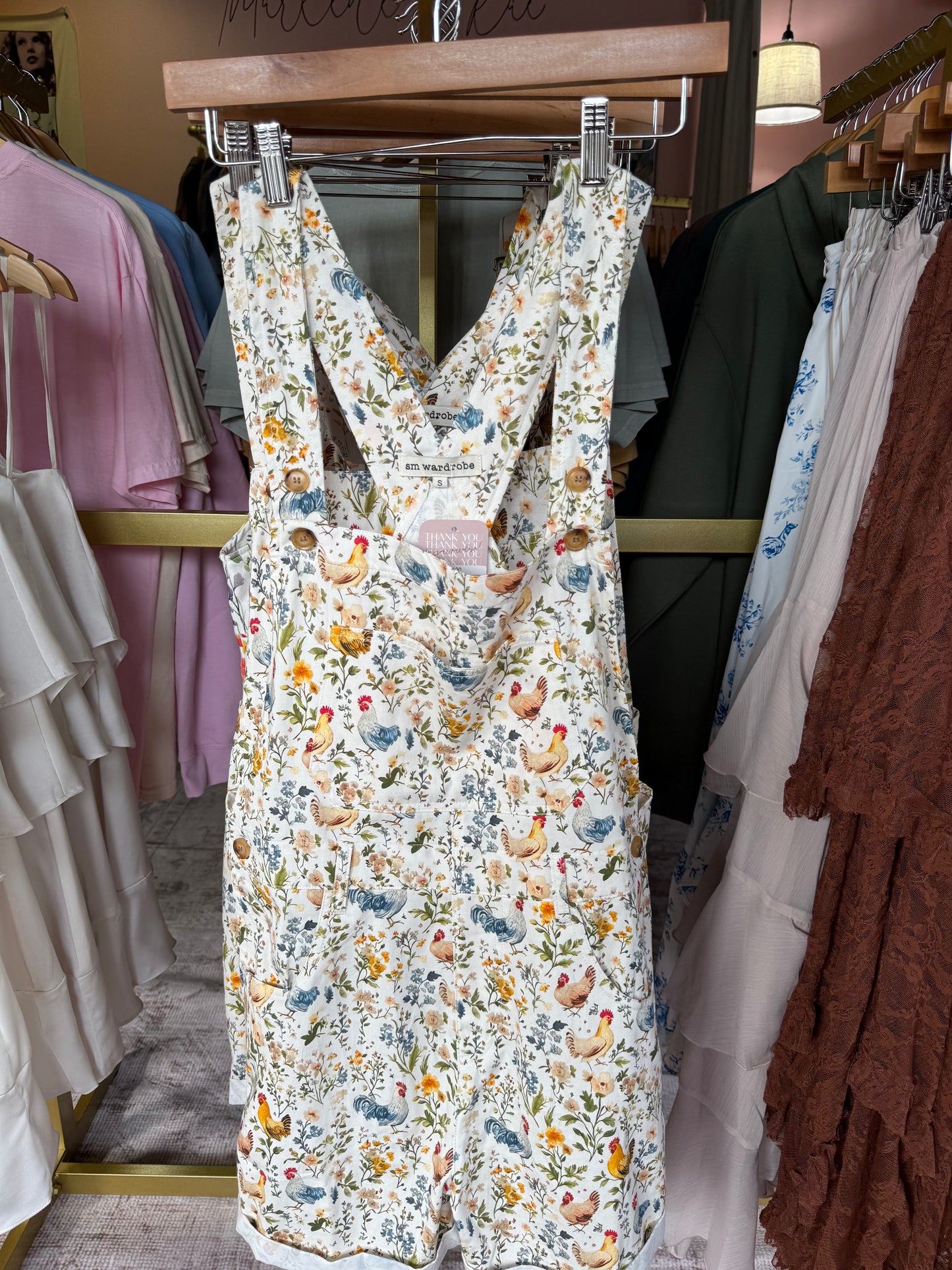 Rooster and Floral Print Shortalls