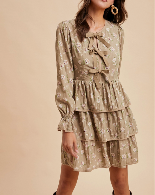 Floral Bow Tie Tiered Mini Dress