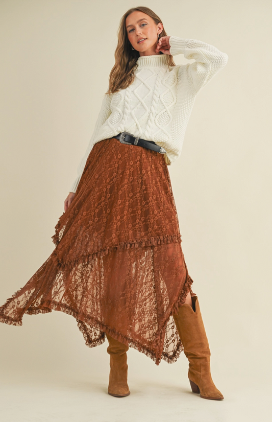 Brown Lace Midi Skirt