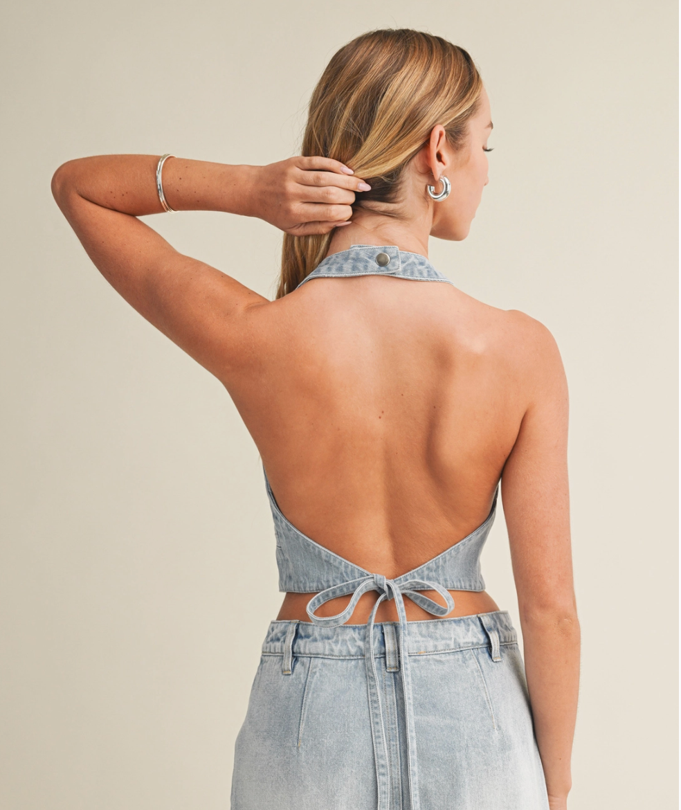 Halter Neck Backless Denim Vest