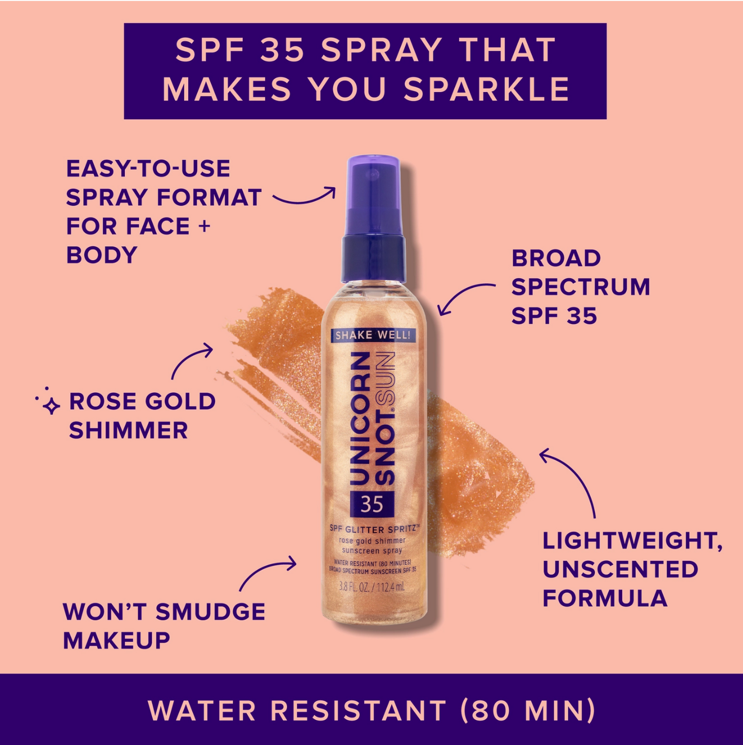 Unicorn Snot Spf 35 Glitter Spritz | Sunscreen Spray | Rose Gold Shimmer