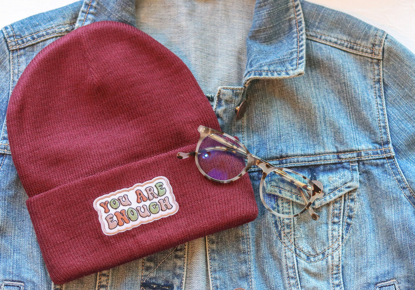 You Are Enough Embroidered Patch Beanie